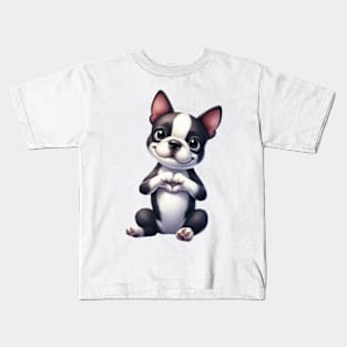 Valentine Boston Terrier Dog Giving Heart Hand Sign Kids T-Shirt